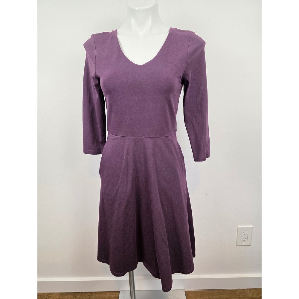Pact Organic Cotton Purple V-Neck Fit and Flare Pocket Dress Womens Small